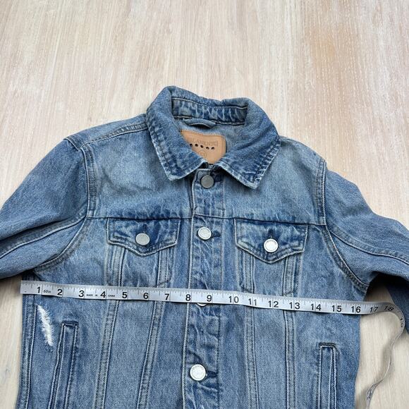 BLANK NYC Blue Raw Hem Distressed Denim Casual Button Front Trucker Jacket XS - Picture 10 of 13